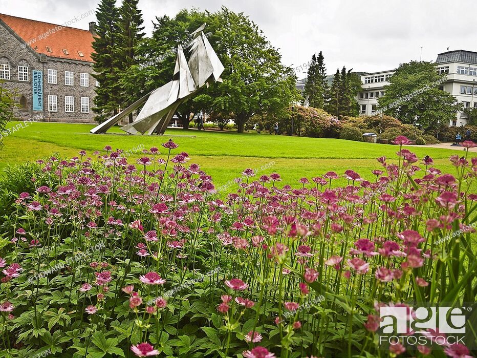 Stock Photo: Sculpture of ""King Kyrre at his Horse"" in a park across from the Bergen, Norway public library. Known as Olav Kyrre (Kyrre meaning peaceful or silent).