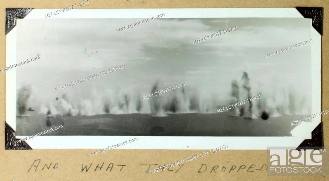 Stock Photo: Photograph - Japanese High Level Bombers Unload, Coral Sea, Solomon Islands, World War II, May 1942, Black and white photograph from a photography album by.