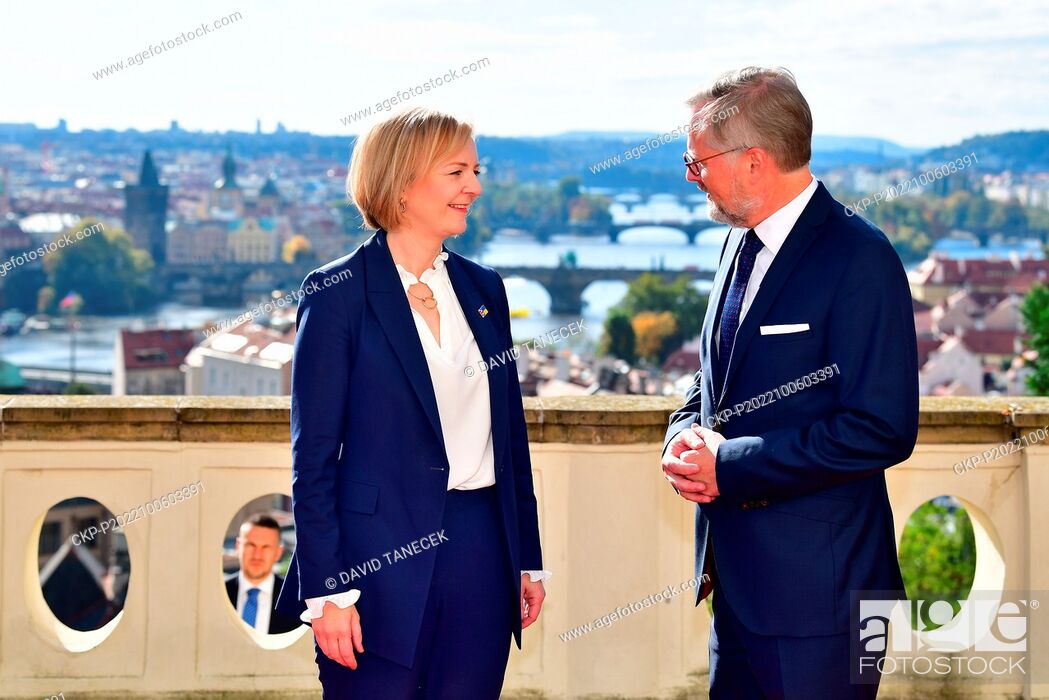 Stock Photo: Czech Prime Minister Petr Fiala, right, meets British PM Liz Truss, left, in the Kramar Villa in Prague, Czech Republic, on October 6, 2022.