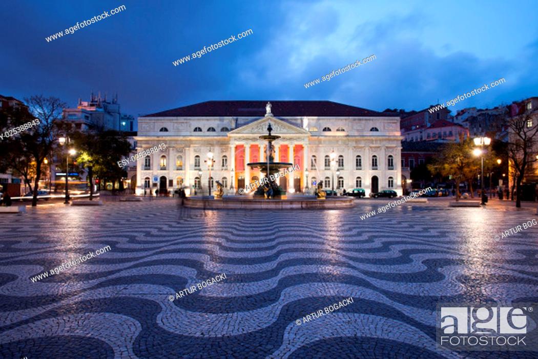 Stock Photo: Dona Maria II National Theater on Rossio Square at night, Lisbon, Portugal.