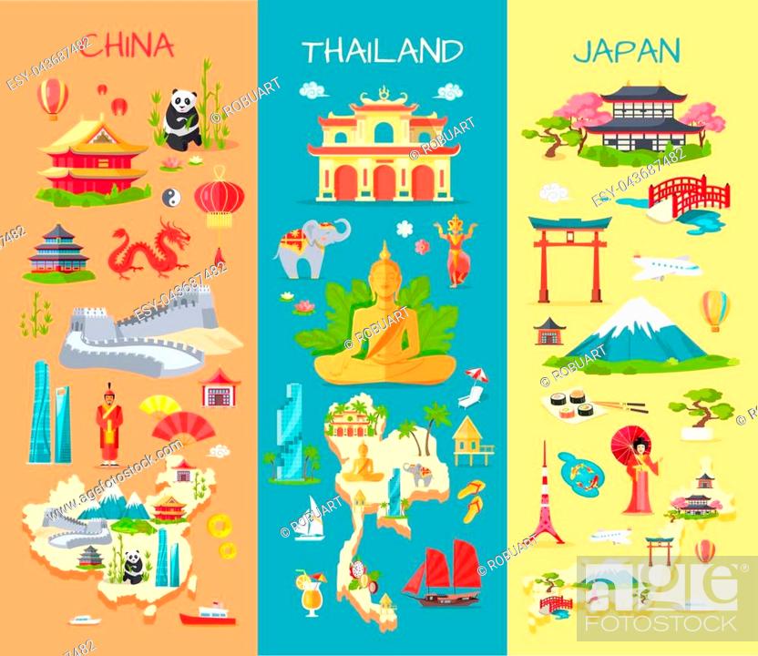 Stock Vector: Collection of three asian countries. China. Thailand. Japan. Specific features of each country. Panda, long wall, dragon, statues.