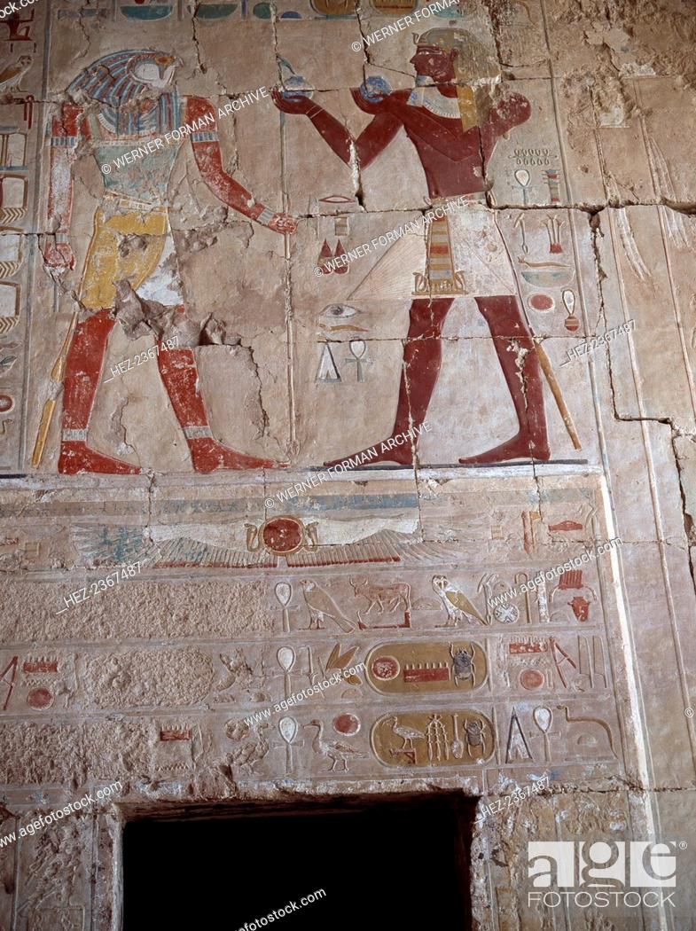 Stock Photo: Wall painting at the temple of Hatshepsut, Ancient Egyptian, 18th dynasty, c1479-1458 BC. In the Chapel of Anubis in the temple of Hatshepsut at Deir el-Bahri.