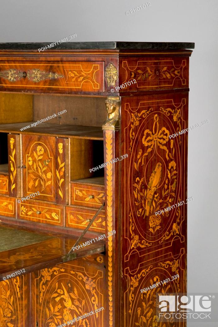 Stock Photo: Detail from a dutch writing desk, allegory of Napoleon 1st In mahogany veneering and flowers marquetry in fruit wood Height: 154 cm, width: 92 cm.