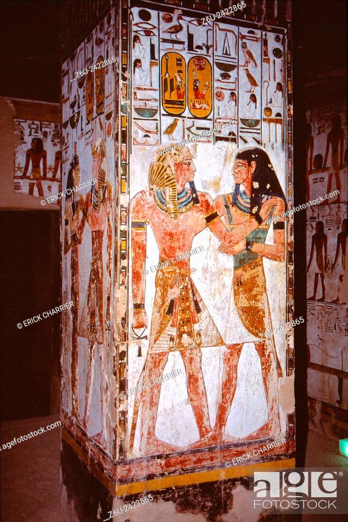 Stock Photo: Thebes, West Bank, Kings Valley, Seti I tomb (KV17). Hall E (Porter and Moss), left face of pillar 2 (?), Sety and Shu (?).