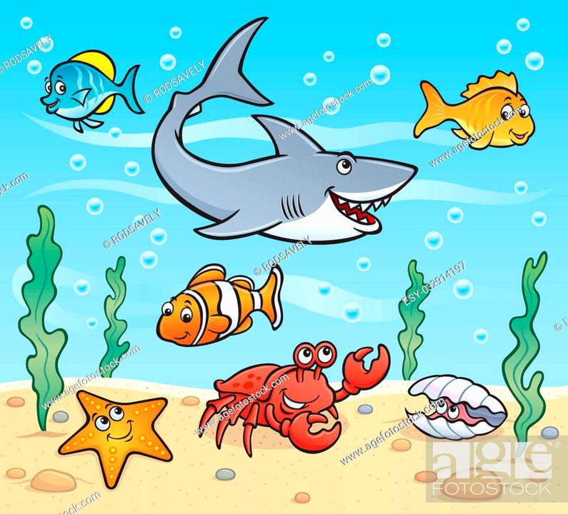 Cartoon illustration of sea creatures in the ocean, featuring a shark,  clown fish, starfish, crab, Stock Photo, Picture And Low Budget Royalty  Free Image. Pic. ESY-032914197 | agefotostock