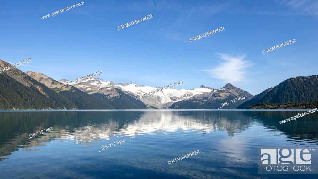 Stock Photo: Garibaldi Lake, mountains reflected in turquoise glacial lake, Guard Mountain and Deception Peak, glacier behind, Garibaldi Provincial Park, British Columbia.