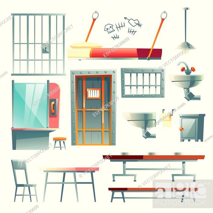 Jail cell, prison dining and visiting room furniture, interior design  elements cartoon vector set..., Stock Vector, Vector And Low Budget Royalty  Free Image. Pic. ESY-057630609 | agefotostock