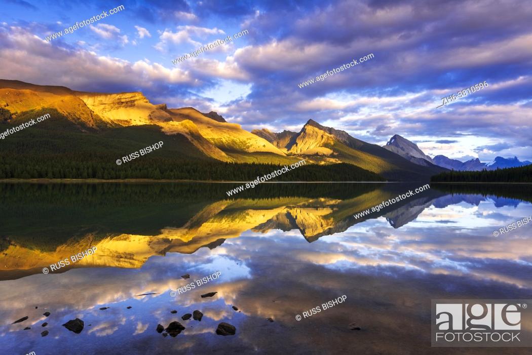 Stock Photo: Evening light on Maligne Lake and Sampson Peak, Jasper National Park, Alberta Canada.