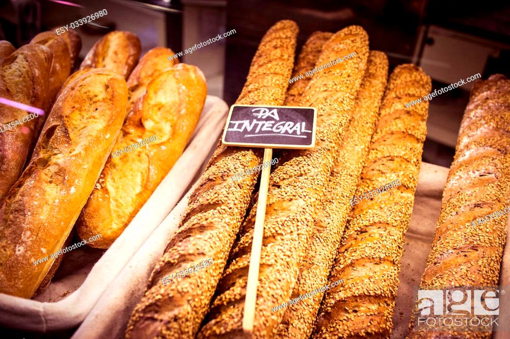 Stock Photo: Fresh bread stall in La Boqueria Market, Barcelona.