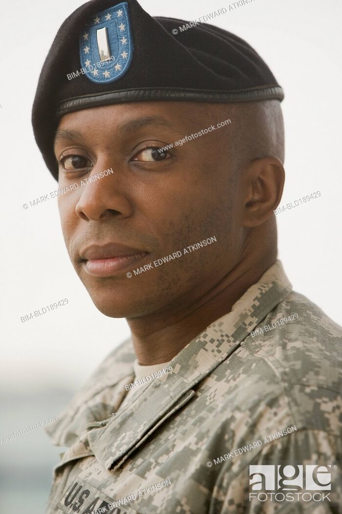Stock Photo: Close up of African soldier.