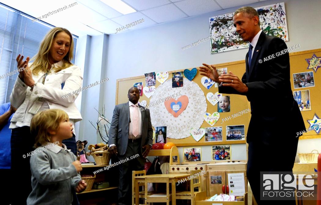 Stock Photo: United States President Barack Obama visits pre-schoolers in a classroom at Adas Israel Congregation after delivering remarks in celebration of Jewish American.