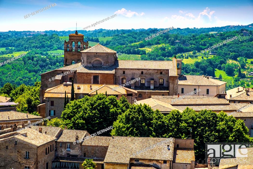 Stock Photo: Orvieto, Umbria / Italy - 2018/05/26: Panoramic view of Orvieto old town and Umbria region with Piazza Duomo square and Duomo di Orvieto cathedral.
