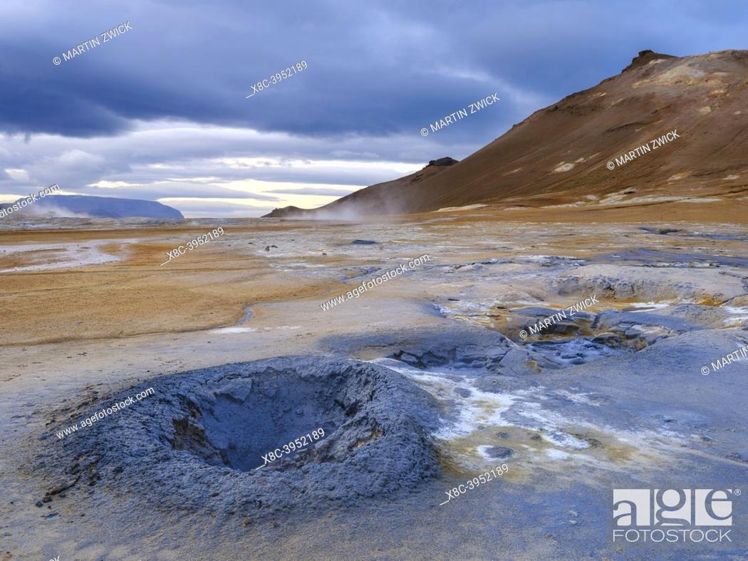 Stock Photo: Mudpot or mud pool, geothermal area Hveraroend or Namaskard. Landscape at lake Myvatn. Europe, Northern Europe, Iceland.