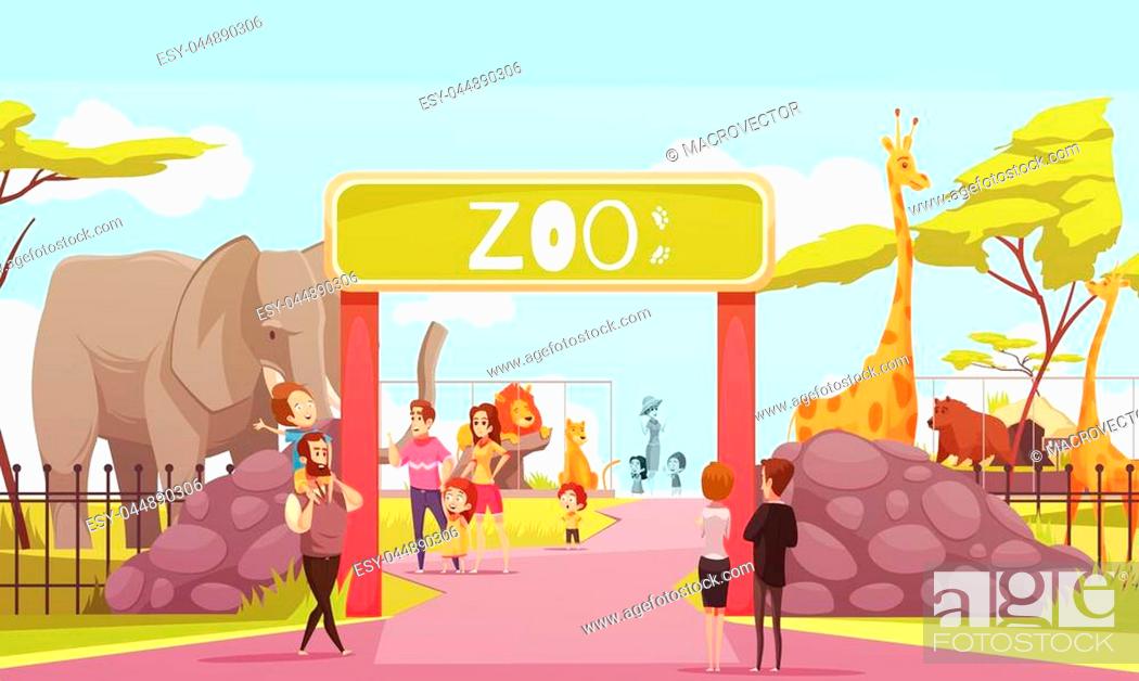 Zoo entrance gates cartoon poster with elephant giraffe lion safari animals  and visitors on..., Stock Vector, Vector And Low Budget Royalty Free Image.  Pic. ESY-044890306 | agefotostock