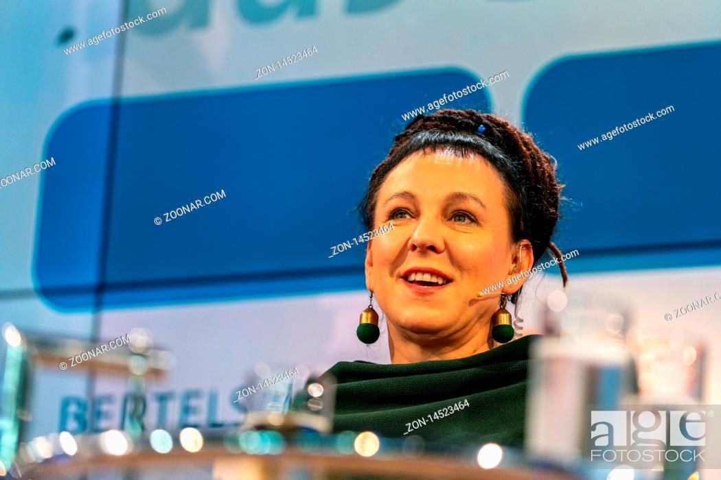 Stock Photo: FRANKFURT AM MAIN, Germany - October 16 2019: Olga Tokarczuk (*1962, author - Nobel Prize Winner in Literature 2018) talking on stage at 71st Frankfurt Book.