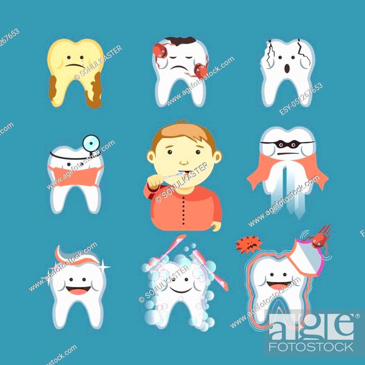 Cartoon teeth brushing for child with healthy tooth or cavity disease  prevention, Stock Vector, Vector And Low Budget Royalty Free Image. Pic.  ESY-052267653 | agefotostock