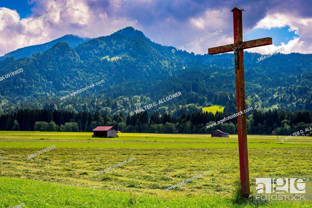 Stock Photo: Field cross with Christ figure, Lorettowiesen near Oberstdorf, Allgäu Alps, Allgäu, Bavaria, Germany, Europe.