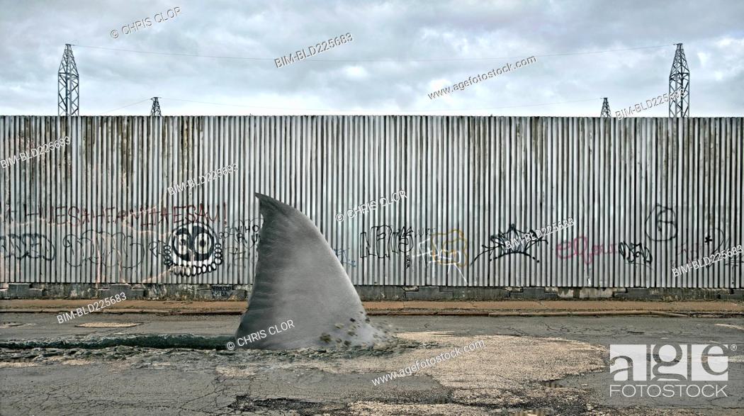 Stock Photo: Shark fin swimming in dilapidated city street.