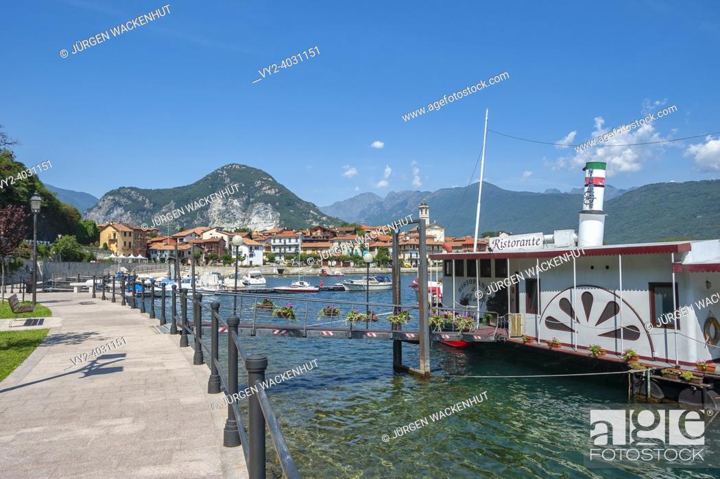 Stock Photo: Townscape with harbor and beach, Feriolo, Piedmont, Italy, Europe. View of Feriolo on Lake Maggiore. Feriolo is a town in Piedmont in Northern Italy.