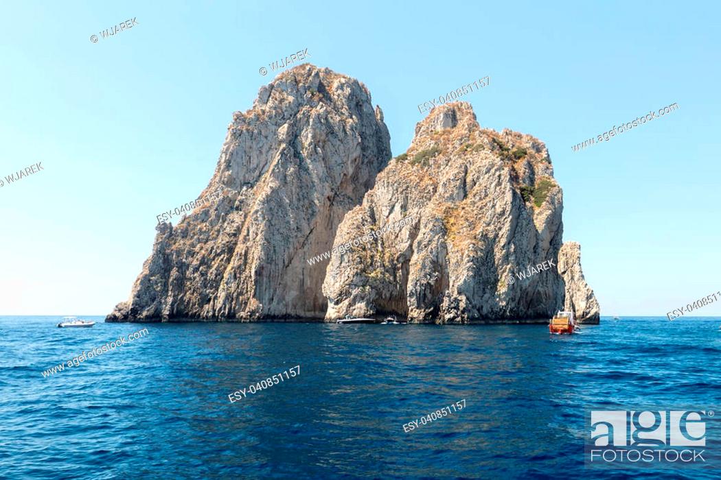 Stock Photo: View from the boat on the Faraglioni Rocks on Capri Island, Italy.