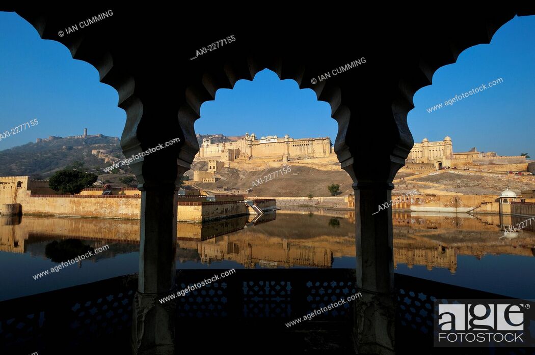 Stock Photo: Looking out of archways to Amber Fort; Amer, Jaipur, India.