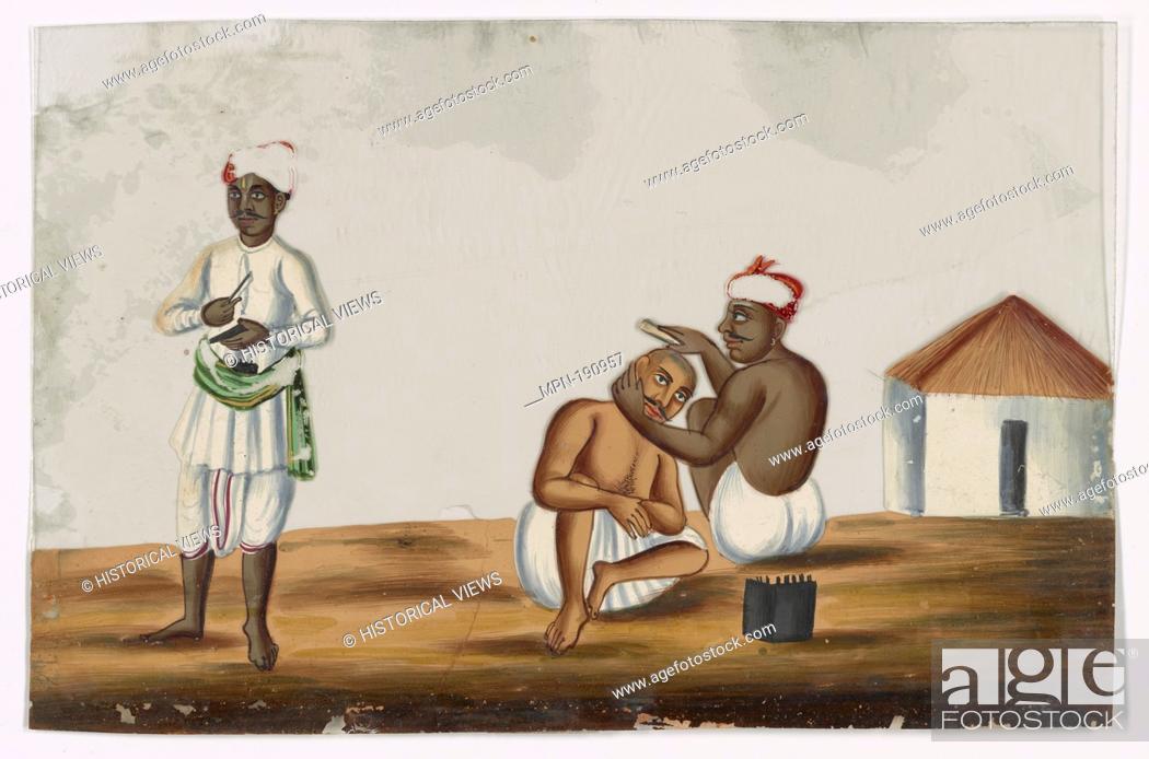 Stock Photo: Barber shaving a man's head bald, one onlooker, white building in the background. Indian coloured drawings: a collection of 177 original paintings on ""talc.