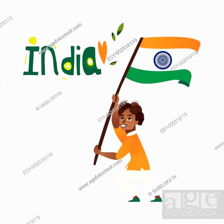 Indian boy, kid, teenager holding and waving big tricolor Indian flag,  Stock Vector, Vector And Low Budget Royalty Free Image. Pic. ESY-052518119  | agefotostock