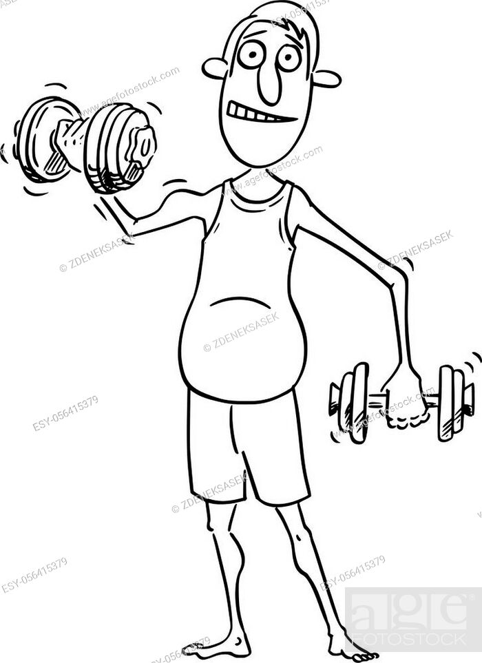Vector funny comic cartoon drawing of average middle age man exercising at  home with two dumbbells, Stock Vector, Vector And Low Budget Royalty Free  Image. Pic. ESY-056415379 | agefotostock