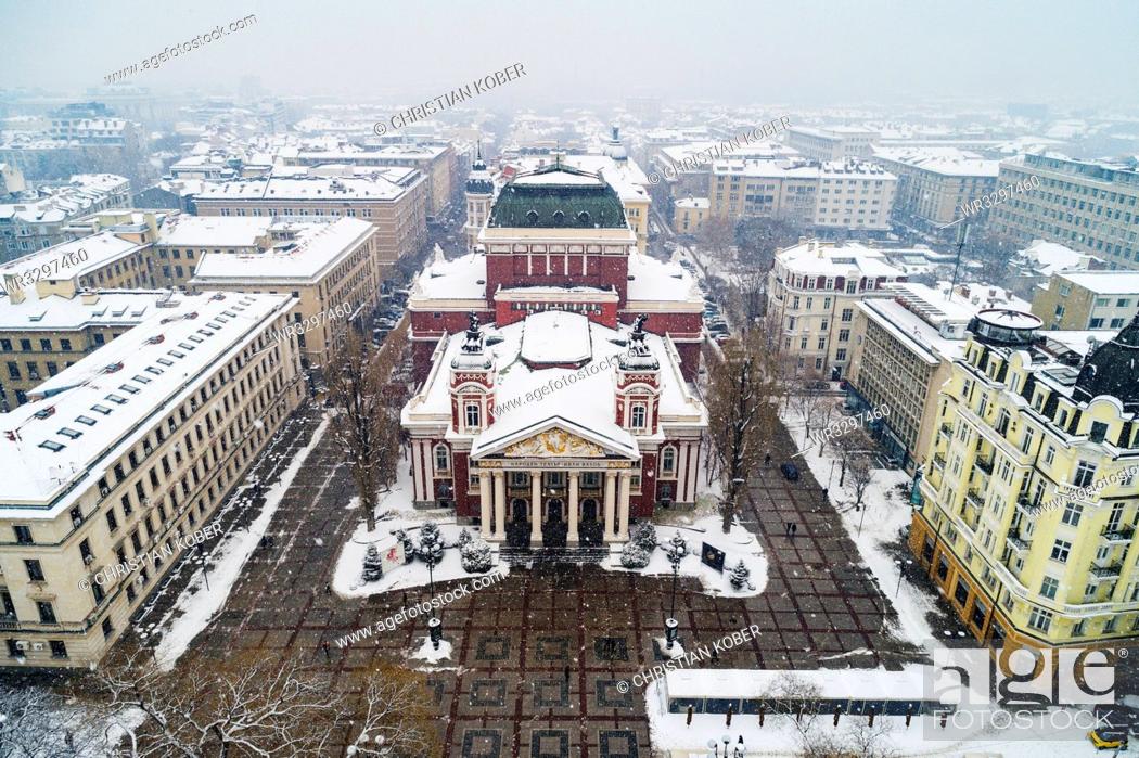 Stock Photo: Aerial view of Ivan Vazov National Theatre in a snow storm, Sofia, Bulgaria, Europe.