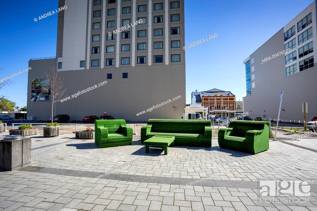 Stock Photo: Streetview with Streetart, Cathedral Square, city development Christchurch.