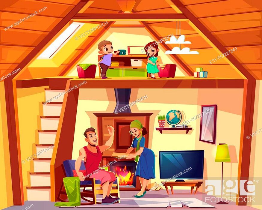 cartoon interior of house with happy family, children play on attic, man and  woman in living room, Stock Photo, Picture And Low Budget Royalty Free  Image. Pic. ESY-057227549 | agefotostock