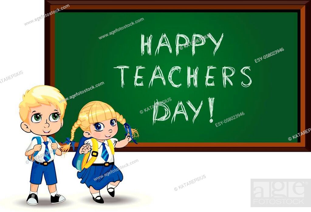Happy teachers day greeting card with cute cartoon schoolgirl and schoolboy  wearing uniform with..., Stock Vector, Vector And Low Budget Royalty Free  Image. Pic. ESY-058023946 | agefotostock