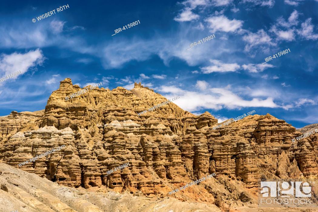 Stock Photo: Mountains, rock formations, eroded landscape of different colours depending on the mineral composition of the terrain, Ghemi, Mustang, former kingdom of Mustang.