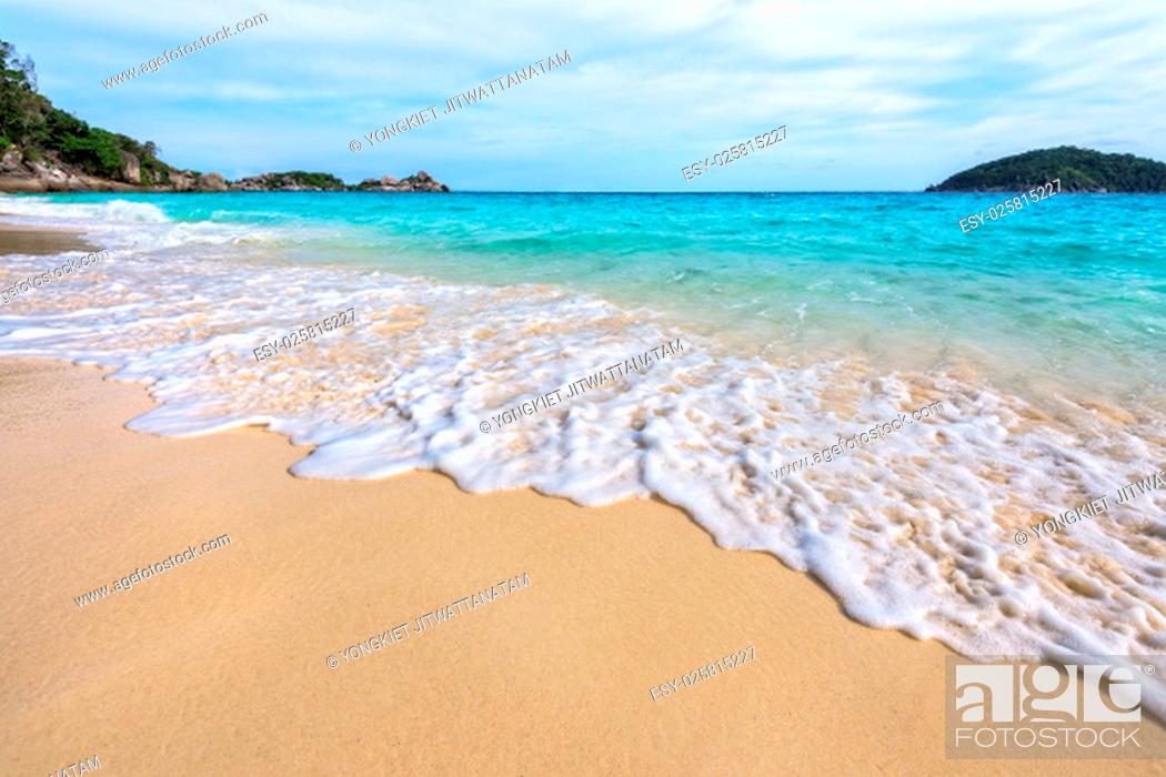 Stock Photo: Beautiful landscape blue sea white sand and waves on the beach during summer at Koh Miang island in Mu Ko Similan National Park, Phang Nga province, Thailand.
