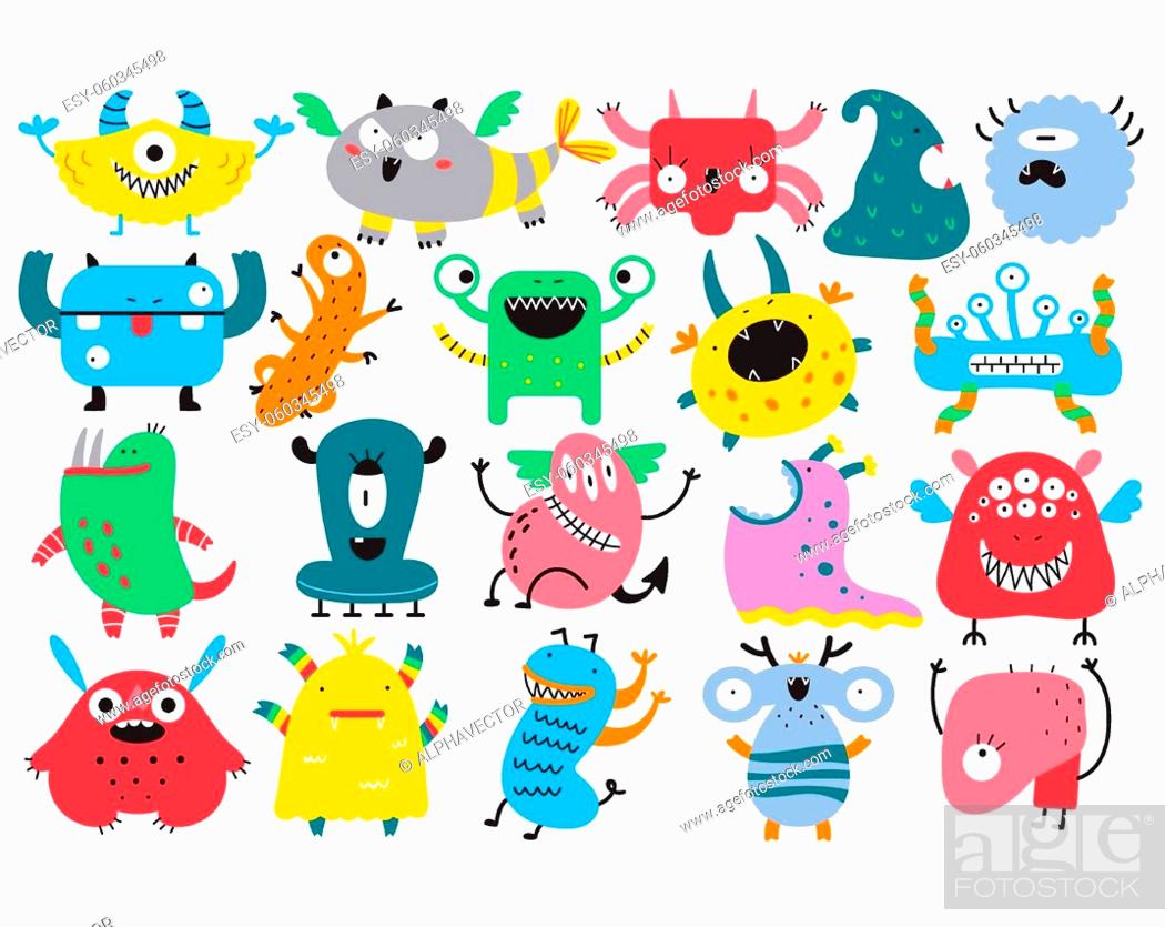 Vector: Monsters doodle set. Collection of colorful cartoon characters spooky creatures alliens ugly cyclops beasts mascots angry gremlins.