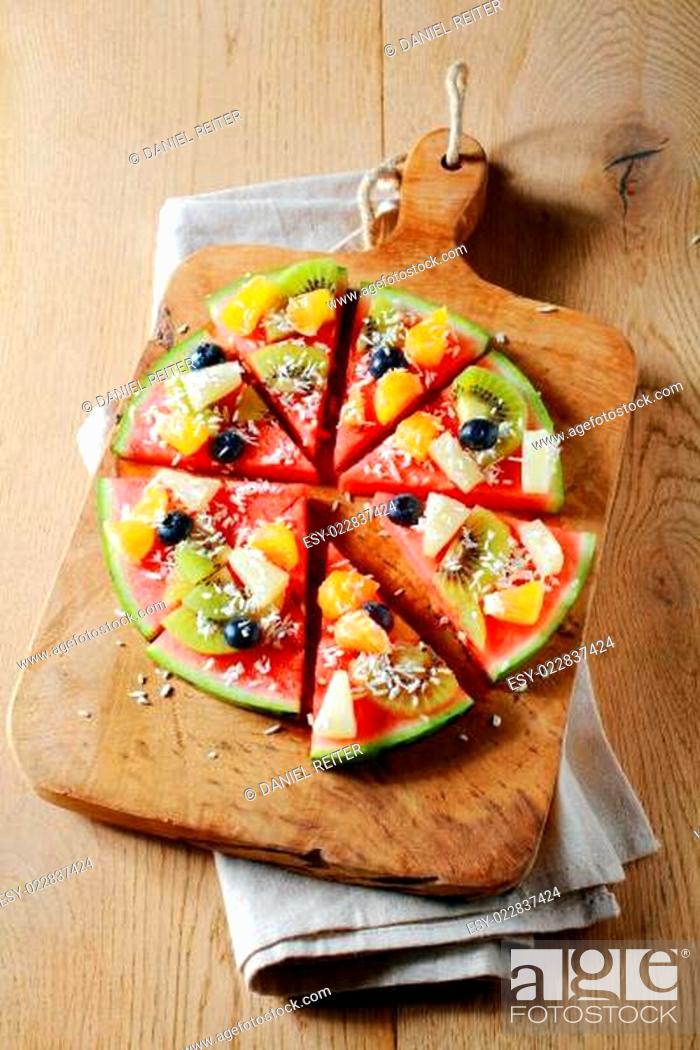 Stock Photo: Tropical watermelon pizza for a party dessert.