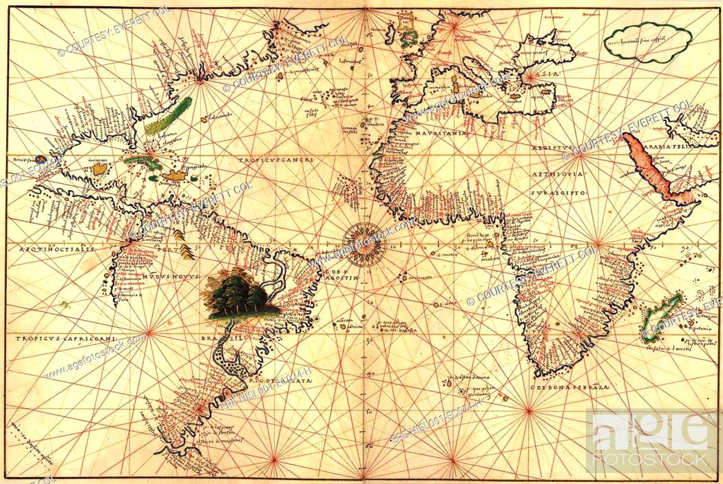 1544 nautical map of the Atlantic Ocean, showing eastern North Atlantic,  Caribbean, South America, Stock Photo, Picture And Rights Managed Image.  Pic. ERE-HISL001-EC074-H | agefotostock
