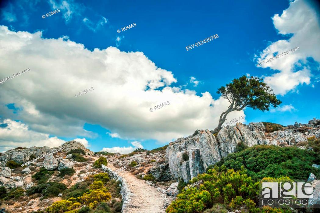 Stock Photo: Beautiful landscape with a lane between rocky mountains on the western part of Mallorca island, Spain. Tramuntana mountains with green bushes.
