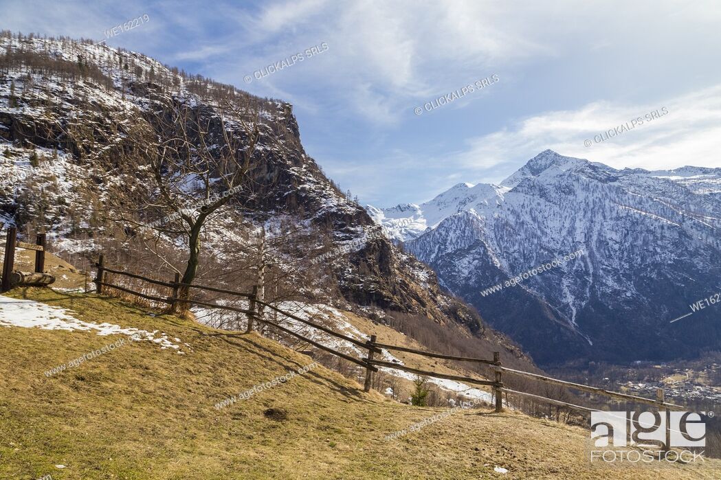 Stock Photo: View of the mountains of Valle Antrona from Alpe Cheggio, Antrona Valley, Piedmont, Italy.