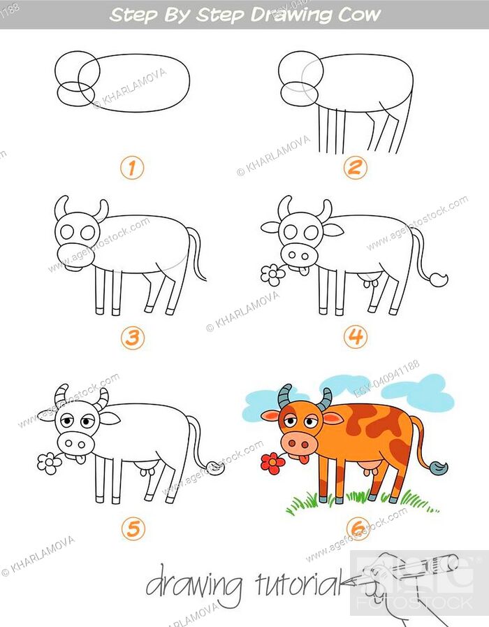 Drawing tutorial. Step by step drawing Cow. Easy to drawing Cow for  Children, Stock Vector, Vector And Low Budget Royalty Free Image. Pic.  ESY-040941188 | agefotostock