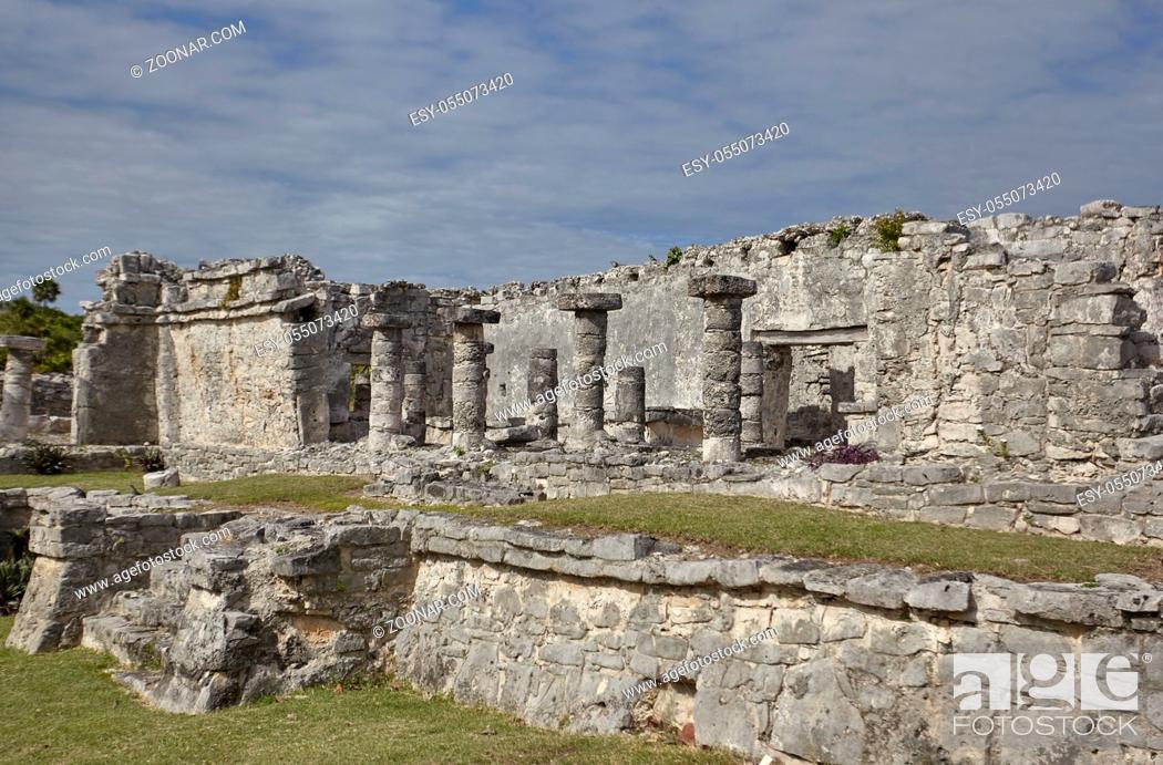 Stock Photo: Ruins of buildings dating back to the Mayan civilization in the Tulum complex in Mexico.