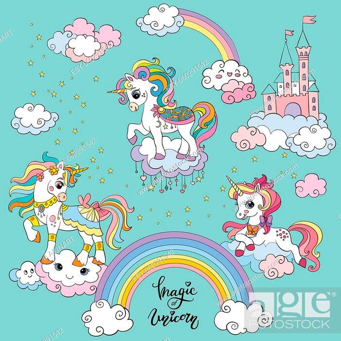 Three cute cartoon unicorns on the clouds. Vector colorful illustration on  turquoise background, Stock Vector, Vector And Low Budget Royalty Free  Image. Pic. ESY-060291542 | agefotostock