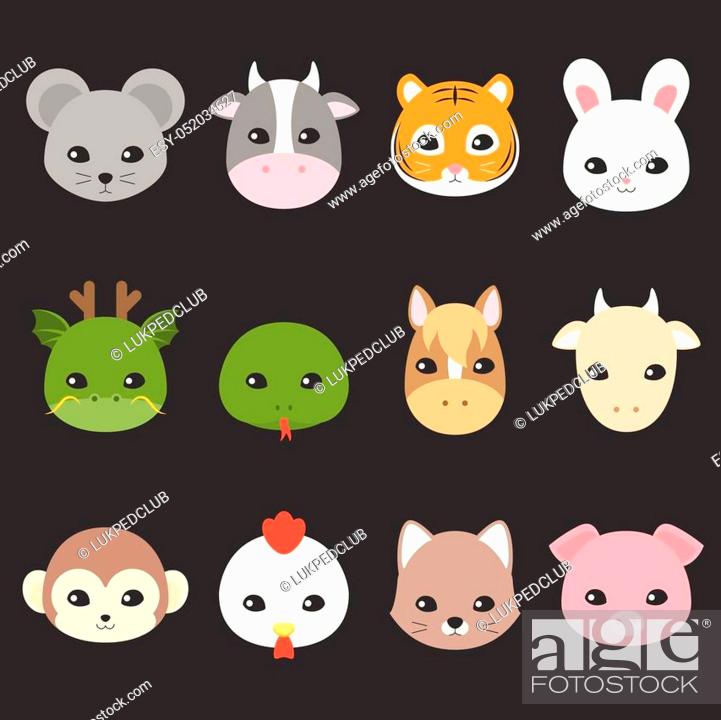 Cute cartoon Chinese zodiac icon, face of rat, cow, tiger, rabbit, dragon,  snake, horse, goat, Stock Vector, Vector And Low Budget Royalty Free Image.  Pic. ESY-052034627 | agefotostock