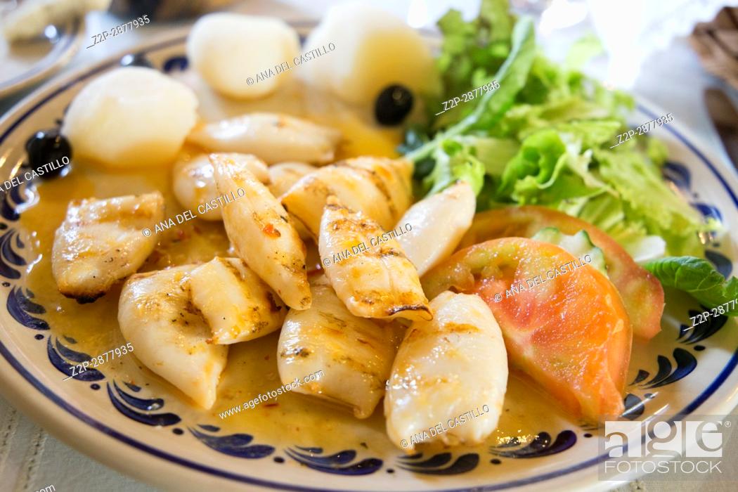 Stock Photo: Portuguese stew of squids and vegetables on plate.