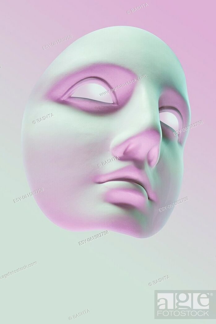 Stock Photo: Collage with antique sculpture of mask human face in pop art style. Modern creative concept image with ancient statue head. Zine culture.