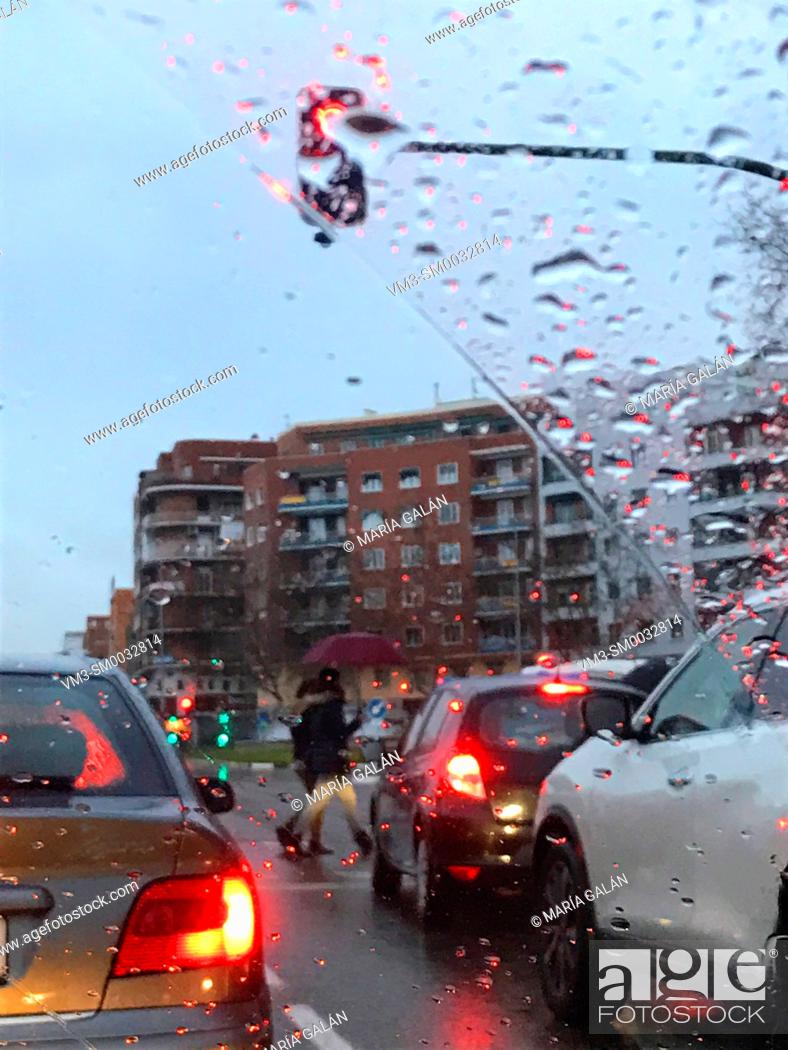 Stock Photo: Traffic in a rainy day. Madrid, Spain.
