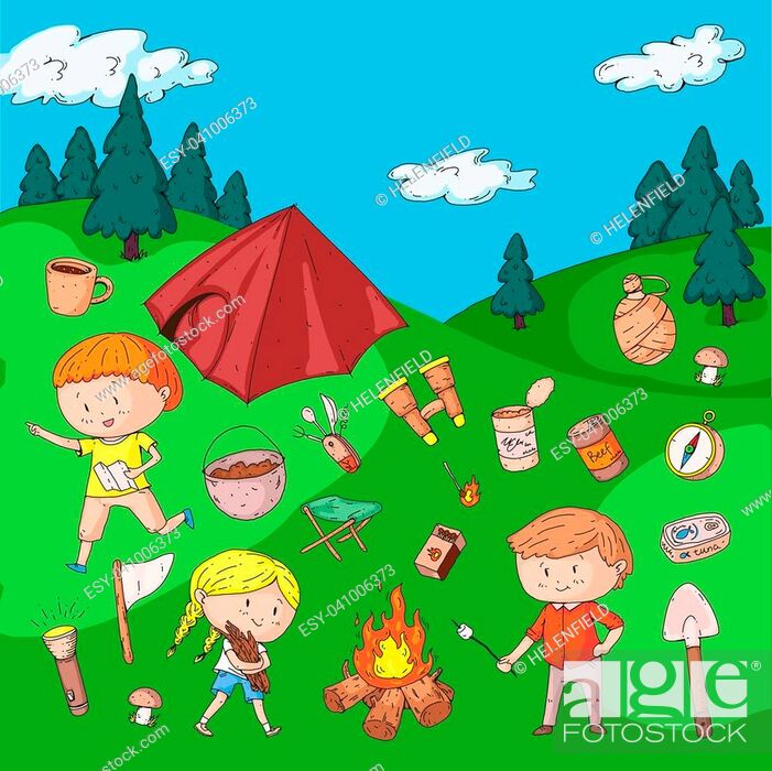 Children camping. Summer camp. Scouts, adventure, hiking, exploration,  Stock Vector, Vector And Low Budget Royalty Free Image. Pic. ESY-041006373  | agefotostock