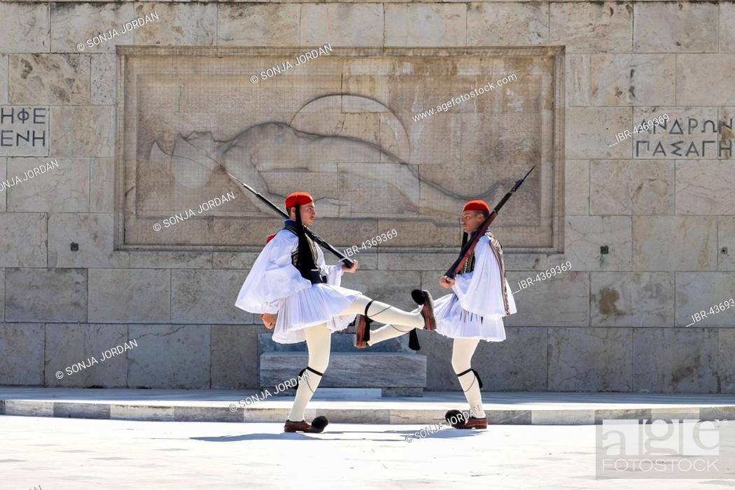 Stock Photo: Changing of guards, Evzones in front of the Tomb of the Unknown Soldier, Syntagma Square, Athens, Greece.