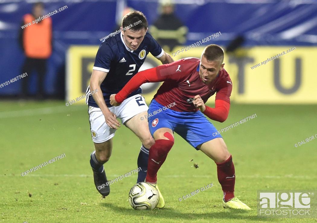 Stock Photo: From left PATRICK READING of Scotland and Czech FILIP HAVELKA in action during the under-21 Euro football 4th group qualifier Czech Republic vs Scotland in.