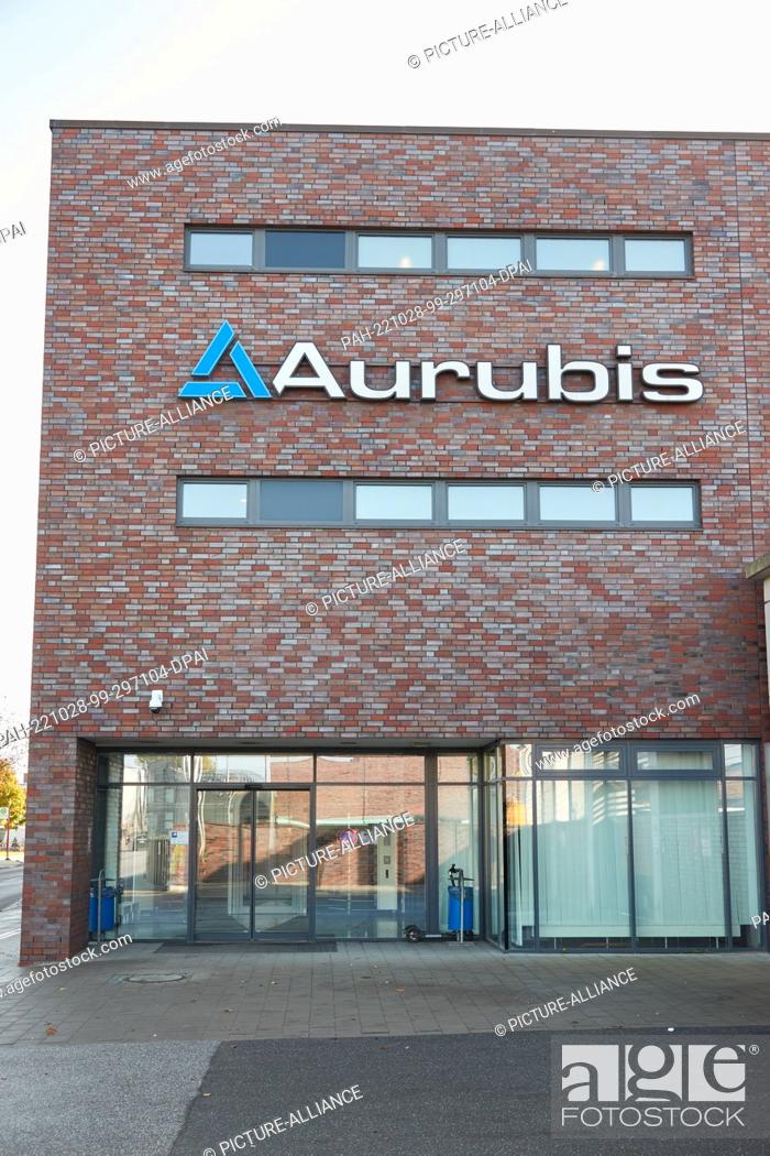 Stock Photo: 28 October 2022, Hamburg: View of the logo and ""Aurubis"" lettering on the company building. According to its own information.